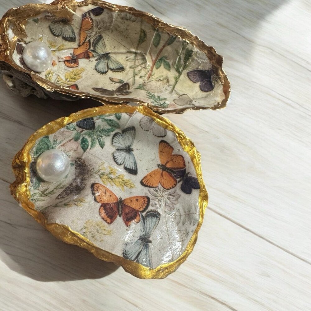 Set of 2 Handmade Decoupage Oyster Shell Trinket Dishes Butterflies Pearls